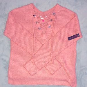 No boundaries blush pink lace up sweater